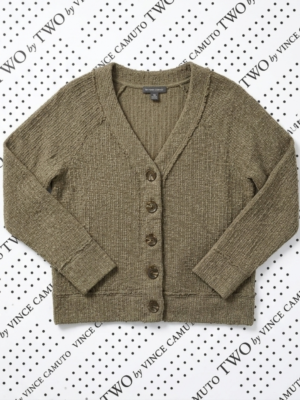 ​TWO by Vince Camuto Olive Green Textured V-Neck Cardigan